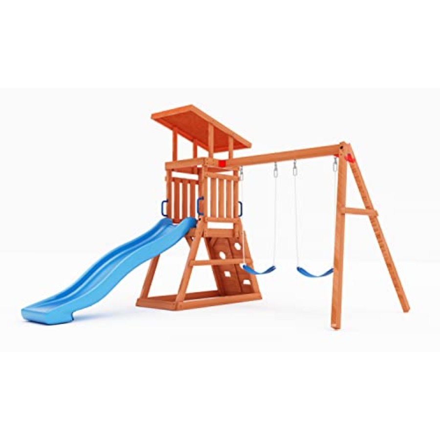 Kids Outdoor Swing Set With Slide - Playground Wooden Swing Sets for Backyard