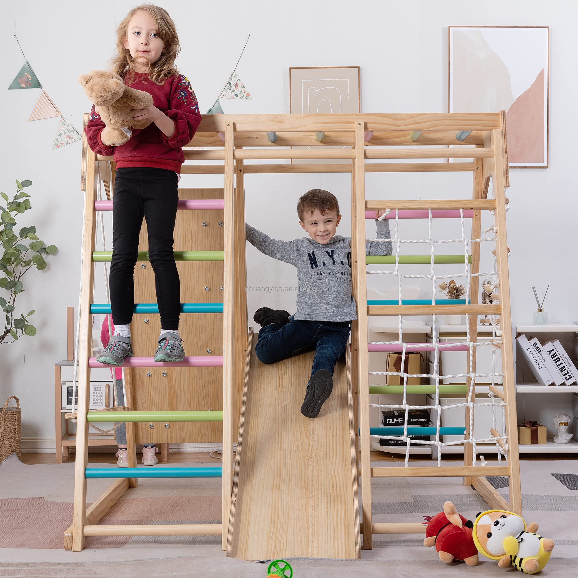 Kids Outdoor Swing Set With Slide - Climbing Walls Amusement Park Products Wooden