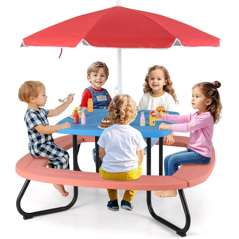 Kids Outdoor Bench With Umbrella - Kids Picnic Table, 8 Person Toddler