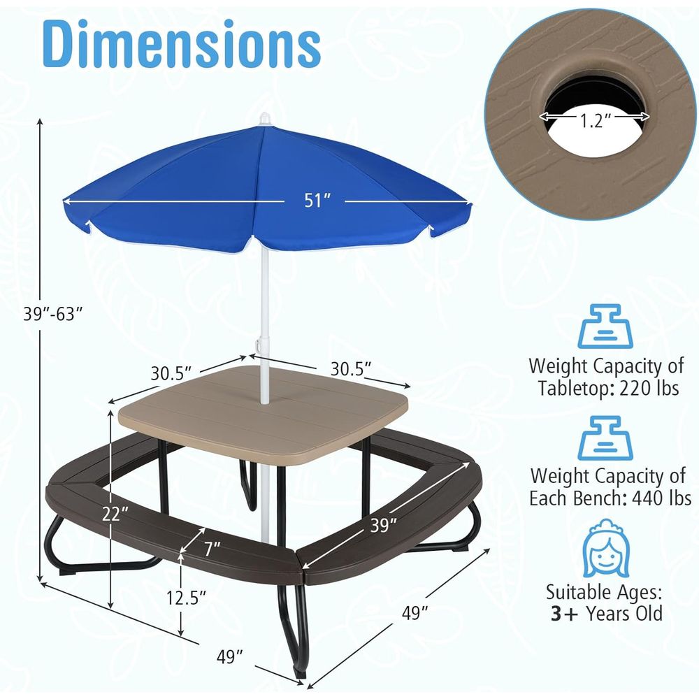 Kids Picnic Table, 8 Person To - Kids Outdoor Bench With Umbrella recensione e prezzo