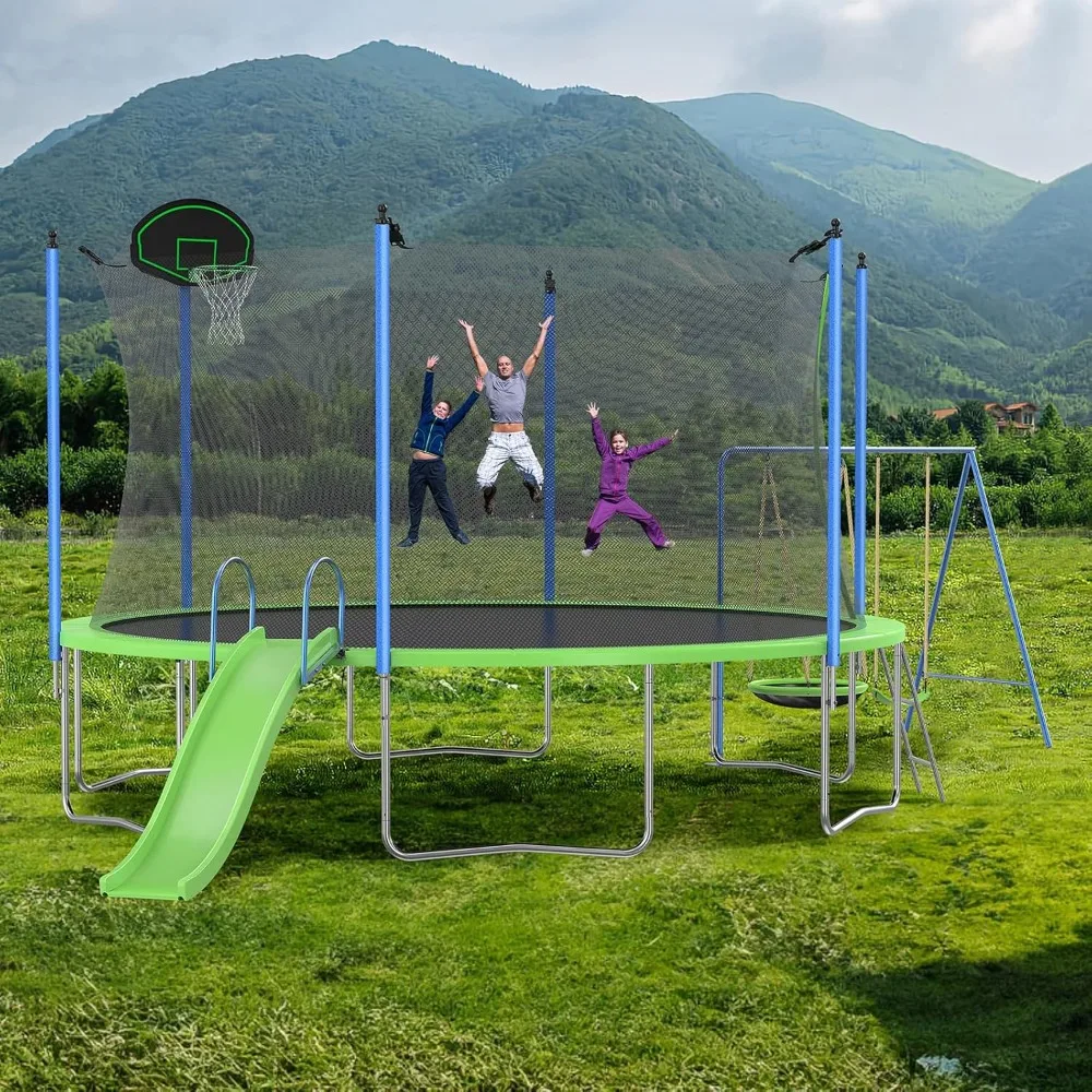 US Shipping 12-14FT Trampoline - Kids Outdoor Swing Set With Slide recensione e prezzo