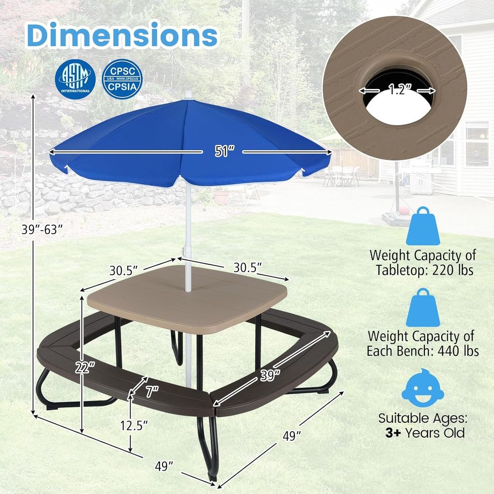 8-Person Adjustable Kids Picni - Kids Outdoor Bench With Umbrella recensione e prezzo