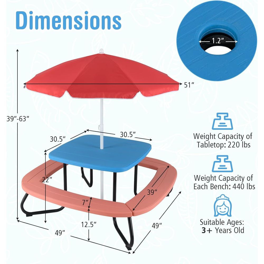 Kids Picnic Table, 8 Person To - Kids Outdoor Bench With Umbrella recensione e prezzo