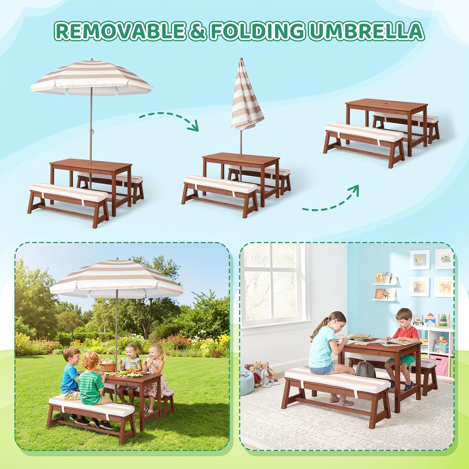 Kids Picnic Table Outdoor Wood - Kids Outdoor Bench With Umbrella recensione e prezzo